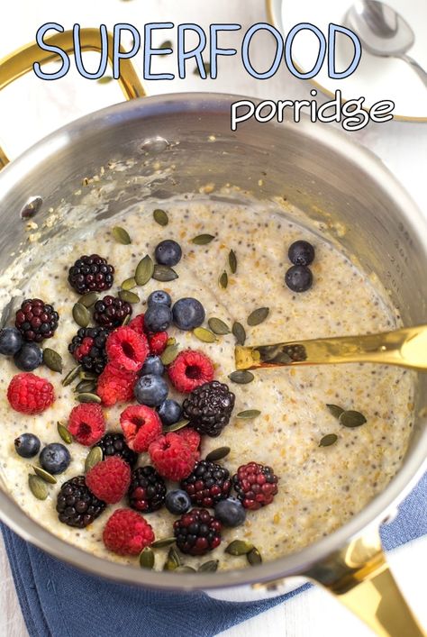 Superfood porridge (with quinoa, chia and flax) – Easy Cheesy Vegetarian Superfood Porridge, Healthier Breakfast, Breakfast Ideas Healthy, Vegan Gluten Free Breakfast, Apricot Smoothie, Paleo Snack, Healthy Quinoa, Breakfast Porridge, Gluten Free Breakfast