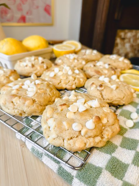 The Best Ever Levain Copycat Lemon White Chocolate Chip Cookies - Munchies By Mallory Lemon Head Cookies, Levain Cookies And Cream, White Lily Chocolate Chip Cookies, Lemon Chips Recipes, Lemon Cookies With White Chocolate Chips, Large Thick Cookies, Levain Lemon Cookie Recipe, Levin Cookie Recipe, Levain Lemon Cookies