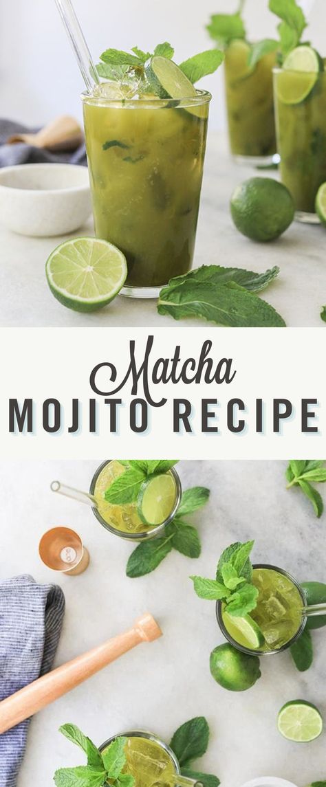 Try this Refreshing Matcha Mojito Recipe. This matcha mojito recipe is easy and so good! Adding matcha to this classic mojito is so on trend. This flavor combo is perfect for a refreshing cocktail this summer! Mojito Recipe Classic, Classic Mojito, Matcha Mint, Healthy Cocktails, Classic Cocktail Recipes, Mojito Cocktail, Refreshing Cocktail, Mojito Recipe, 2000 Calories