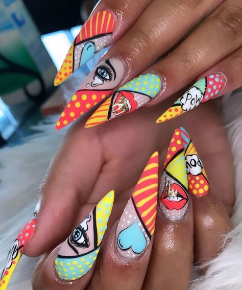 Comic Nails Art, Nail Designs2023, Pop Art Nail Art, Pop Art Nails Designs, Textured Nail Art, Comic Nail Art, Comic Nails, Comic Book Nails, Book Nail Art