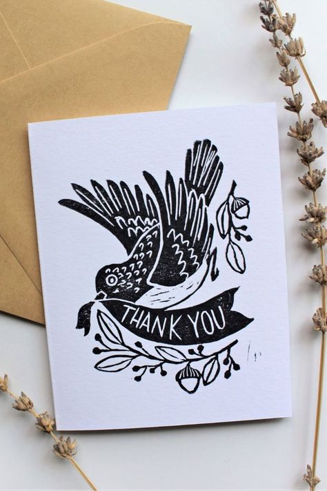 Artistic Thank You Card, Thank You Linocut, Block Print Thank You Card, Linocut Greeting Cards, Linocut Thank You Cards, Block Print Cards, Lino Print Cards, Linocut Cards, Greeting Card Phrases