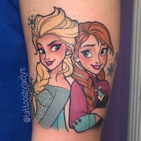 2,732 Likes, 28 Comments - 🦄Jackie Huertas 🌈 (@tattoosbyjaclyn) on Instagram: “Frozen sisters for the lovely Agnes!! (Scar cover)Your so sweet I’m so happy to meet you! #tattoo…” Elsa Tattoo, Your So Sweet, Anna Tattoo, Frozen Tattoo, Prince Tattoos, Anna Und Elsa, Disney Sleeve, Sarah Miller, Frozen Sisters