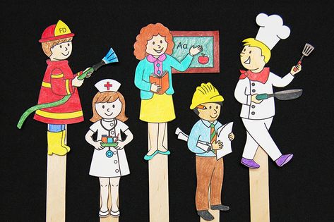 Community Helper Stick Puppets | Kids' Crafts | Fun Craft Ideas | FirstPalette.com Community Helpers Unit, Community Helpers Theme, خريطة ذهنية, Community Helpers Preschool, Community Workers, Theme Board, People Who Help Us, Fun Craft Ideas, Community Helper