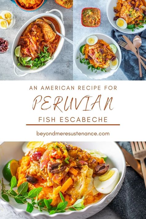 Savor the vibrant, tangy flavors of this Peruvian Fish Escabeche - Escabeche de Pescado Peruano. Firm, white fish is marinated in vinegar, aromatics and spices, and Peruvian ají peppers. Served with fresh garnishes, it's a tasty new way to enjoy healthy fish, and only about 30 minutes of active time! #BeyondMereSustenance #FishEscabeche #PeruvianEscabeche #PeruvianMainDishes #HealthyFishRecipes #PeruvianFishRecipes #EscabecheRecipes Fish Escabeche, Seafood Healthy, Dip Healthy, Food For Entertaining, Pastas Recipes, Best Seafood Recipes, Healthy Shrimp, Crowd Pleasing Recipes, Fish Recipes Healthy