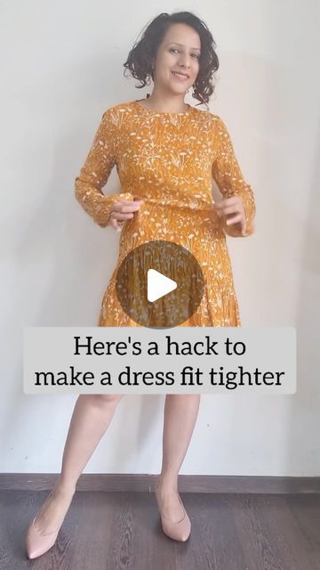 Shweta Mathur on Instagram: "Quick hack to make a dress fit tighter   #stylehack #fashionhack #dresses #styleblogger" How To Make My Dress Tighter, How To Style A Dress With A Belt, Styling Dress With Belt, Dress Too Long Hack No Sew, How To Wear A Dress As A Top, Dress Tightening Hack, How To Style Plain Dress, Fitted Shirt Dress, How To Belt A Dress