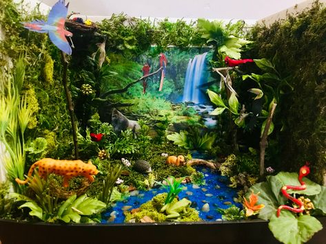 Fimo, Rainforest Habitat Diorama, Rainforest Diorama Ideas, Rainforest Diorama Shoebox For Kids, Tropical Rainforest Biome Project, Vbs Waterfall, Biome Diorama, Jungle Diorama, Ecosystems Diorama