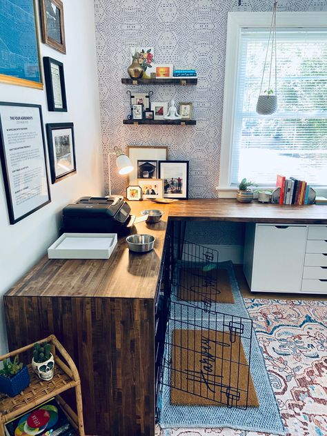 Dog Crate Office Desk, Dog Cage In Living Room, Dog Crate In Office, Dog Kennel Under Desk, Desk Dog Crate, Office And Pet Room, Office With Dog Crates, Dog Room And Office, Office With Dog Space