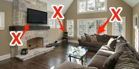 From incorrect couch placement to rugs that are the wrong size, here are some common design mishaps you could be making in your home. Living Room Couch Placement, Couch Placement, Open Living Room Design, Rectangular Living Rooms, Living Room Setup, Living Room Decorating, New Interior Design, Living Room Trends, Open Living Room