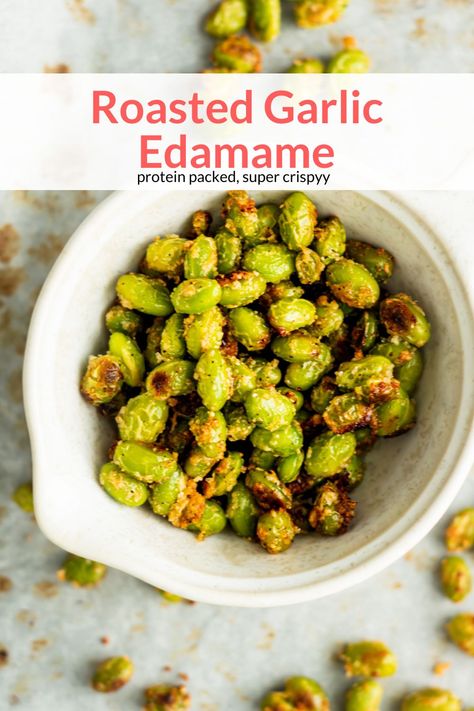 Make the most delicious cripsy, garlicky, cheesy edamame in just 20 minutes! Packed with protein for a healthy appetizer, snack, or side dish. #appetizer #sidedish #snack #kidfriendly #quickandeasy #edamame Roasted Edamame Recipes, Edamame Recipes Snack, Edamame Snack, Roasted Edamame, Track Diet, Edamame Recipes, Homemade Appetizer, Edamame Salad, Slender Kitchen