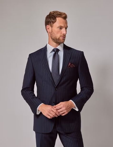 Stripe Suits for Men | Hawes & Curtis Classy Suits Men, Mens Tailored Suits, Navy Pinstripe Suit, Navy Suits, Mens Outerwear Fashion, Black Suit Men, Gq Fashion, Mens Tailor, Hawes And Curtis