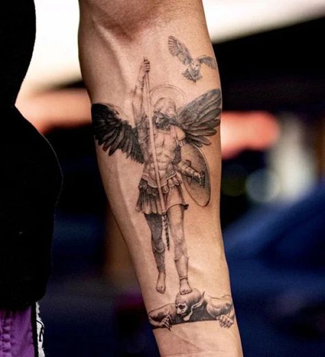 Saint Michael Defeating The Devil forearm tattoo Angel Michael Tattoo, Tattoo Word Fonts, Tattoo Designs With Meaning, Archangel Michael Tattoo, St Michael Tattoo, Saint Tattoo, Devil Design, Michael Tattoo, Designs With Meaning