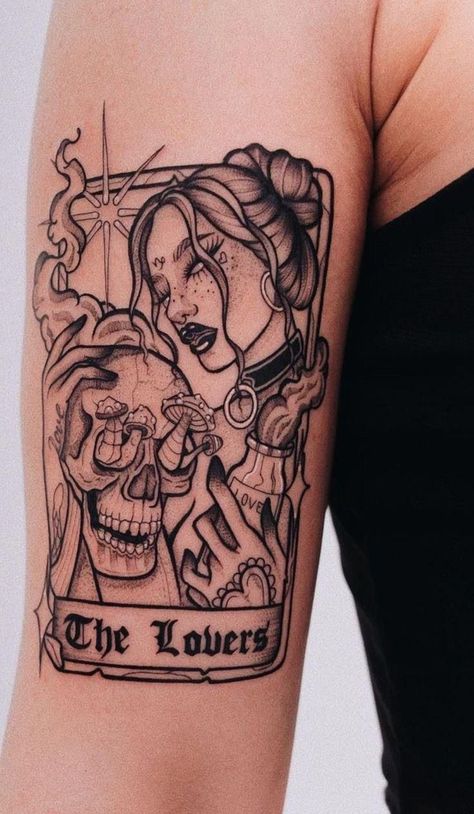 Tarot Card Tattoo Thigh, Starcrossed Lovers Tattoo, Two Lovers Tattoo, The Lovers Tarot Tattoo, Lovers Card Tattoo, The Lovers Tattoo Design, The Lovers Tarot Card Tattoo, Tarot Card Tattoo Design, The Lovers Tattoo