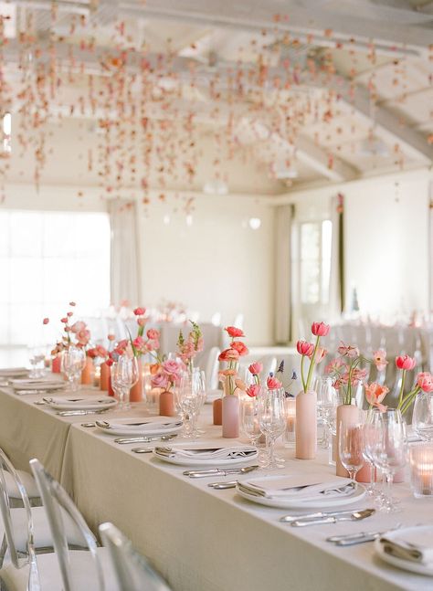 Scrunched Table Runner Wedding, Aesthetic Bridal Shower Decor, Love In Bloom Centerpieces, Pink Event Decor, Spring Wedding Tablescapes, Flower Theme Wedding, Valentines Day Tablescapes, Bud Vase Centerpiece, Girly Wedding