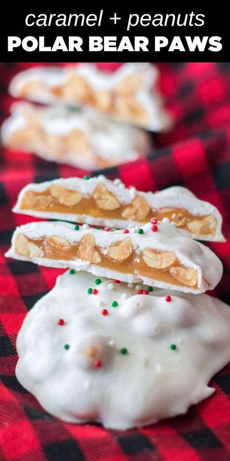 Polar Bear Paws Candy Polar Bear Candy White Chocolate, Natal, Polar Bear Paws Candy White Chocolate, White Chocolate Bear Claws, Christmas Tin Recipes, Christmas Food To Make With Kids, White Chocolate Cashew Clusters, Polar Bear Claws Recipe, White Chocolate Treats Easy