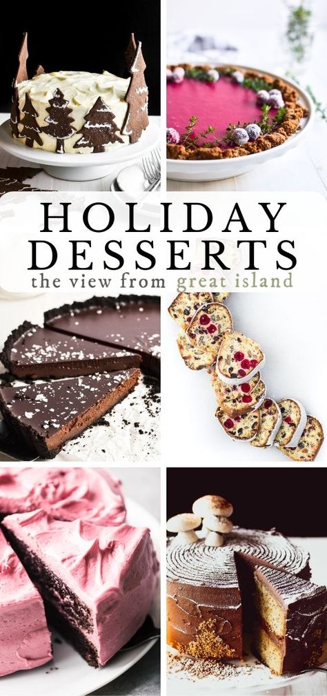 Favorite Holiday Desserts from fruit cake to buche de Noel, and more! Modern Christmas Dessert, Elegant Christmas Dessert Ideas, Christmas Showstopper Desserts, Showstopping Christmas Desserts, Christmas Dessert Ideas Fancy, Impressive Christmas Desserts, Christmas Dinner Dessert Recipes, Christmas Deserts Elegant, Light Christmas Desserts