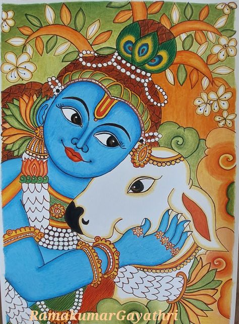 Lord Krishna Mural Krishna Paintings, Mural Art Krishna, Kerala Mural Painting On Canvas, Baby Krishna Painting, Mural Outline, Krishna Kerala Mural Painting, Kathakali Drawing, Onam Drawing, Mural Painting Kerala