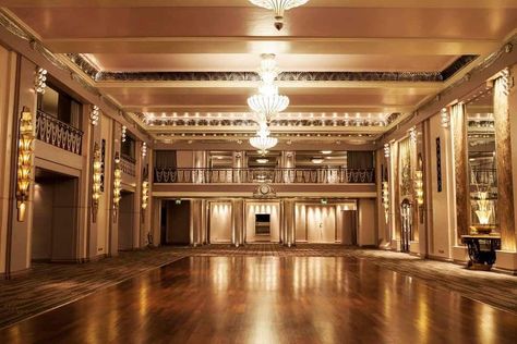 The Ballroom and Silver Gallery at the Sheraton Grand London Park Lane located in London, UK. The architects Higgs and Hill were famous for many innovative buildings of the modern movement and here even the ballroom floor was conceived by a scientific process. The glamorous hotel became one the most popular in London within a year of opening in 1927. On entering the gallery walls are covered with Italian silver leaf, with handpainted Art Moderne murals either side of chrome double balustrades, Nyc Engagement Shoot, Ballroom Floor, Ballroom Aesthetic, Scientific Process, Dream House Aesthetic, Hollywood Tower Hotel, Dreamscape Architecture, Hotel Ballroom, Nyc Engagement