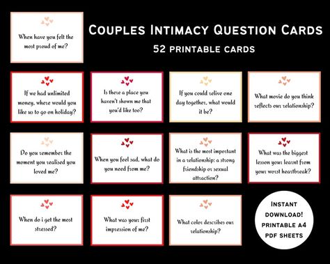 Couple Intimacy Question Cards Printable Couples Card Game - Etsy UK Couples Cards Ideas, Relationship Card Games, Intimacy Game For Couple, Couple Games Ideas Intimate, Couple Card Games Free Printable, Spicy Games For Couples, Couple Card Games, Couples Card Games, Couple Intimacy