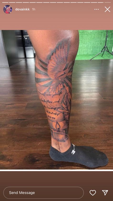 Half Leg Tattoo Men Sleeve, Side Leg Tattoo, Calf Sleeve Tattoo, Calf Tattoo Men, Arm Tattoos Black, Memorial Tattoo Ideas, Unique Half Sleeve Tattoos, Black Men Tattoos, Unique Tattoos For Women