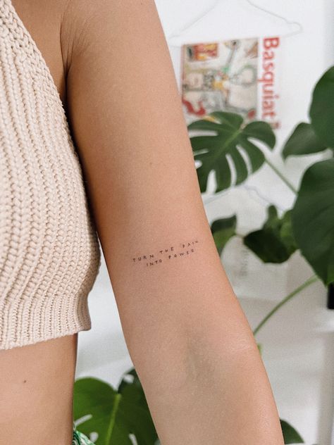 Small Text Arm Tattoo, Pretty Writing Tattoos, Minimalistic Writing Tattoo, Arm Words Tattoos For Women, Fine Tattoo Writing, Micro Word Tattoo, Minimalist Tattoo Phrases, Inner Arm Tattoo Words, Placement For Name Tattoos