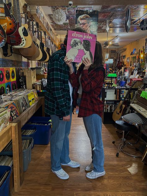 Double Fantasy Album Cover, Record Store Couple Aesthetic, Musician Love Couple Aesthetic, Nerd And Popular Couple Aesthetic, Guitar Bf And Gf, Electric Guitar Couple Aesthetic, Rock Bf Aesthetic, Bf And Gf Matching Outfits Aesthetic, Bookstore Aesthetic Couple