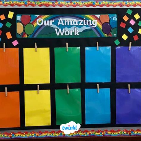 This 'Our Amazing Work' colourful display can be used to celebrate the achievements of your class. Use pegs to put up your children's work instantly for immediate praise. If you're making your own celebration display, click to visit the Twinkl website and download the colourful display banner to save you time.   #amazingwork #celebrationdisplay #classroomdisplay #classroomideas #classroominspiration #teaching #teachingideas #teachinginspiration #twinkl #twinklresources #colourful How To Display Art Work In Classroom, Colours Display Classroom, Work To Be Proud Of Display, Colour Display Classroom, Amazing Work Wall Classroom, Our Amazing Work Display, Classroom Artwork Display Ideas, Class Work Display Ideas, Preschool Art Display Wall