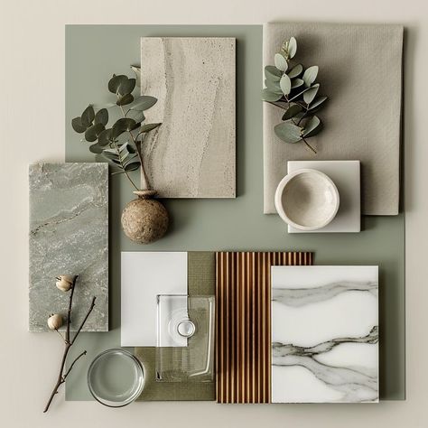 Materials Moodboard Interior, Tonal Interior Design, Finish Palette Interior Design, Interior Design Pallets Color, Green And Grey Mood Board, Bathroom Flatlay Inspiration, Flatlay Interior Design, Interior Design Material Palette, Earthy Palette Colour Schemes