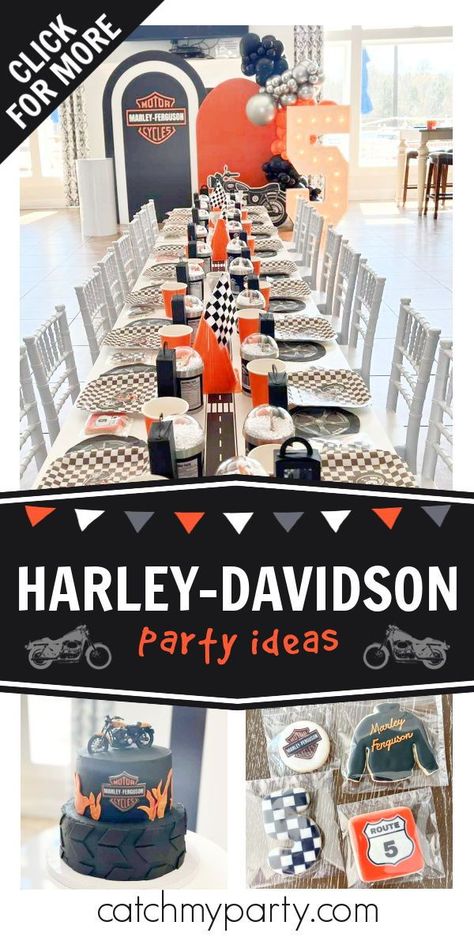 Check out this cool Harley-Davidson birthday party! The cake is great! See more party ideas and share yours at CatchMyParty.com Born 2 Ride Birthday Party Boy, Harley Birthday Party, Harley Davidson Themed Birthday Party, Motorcycle Themed Birthday Party, Harley Davidson Birthday Party, Harley Davidson Party Theme, Vintage Tea Party Birthday, Harley Davidson Party, Motorcycle Birthday Party