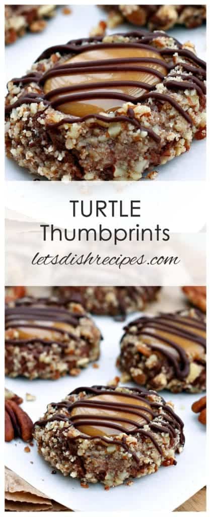 Turtle Thumbprint Cookies Recipe, Thumbprint Cookie Recipes, Turtle Thumbprint Cookies, Chocolate Turtle Cookies, Thumbprint Cookie, Chocolate Turtle, Caramel Filling, Turtle Cookies, Thumbprint Cookies Recipe