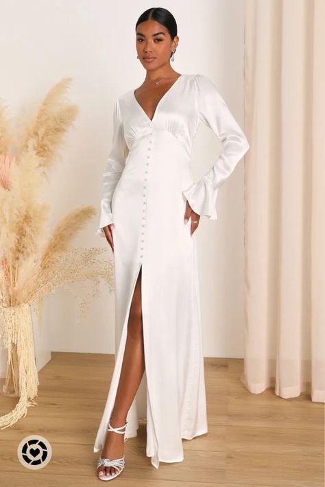 ✨New Arrival: Elegant Celebration White Satin Long Sleeve Slip Maxi Dress✨ | Holidays | Special Occasion | Classic | Formal | Wedding | Party | Follow my shop @Recycled_Roses on the @shop.LTK app to shop this post and get my exclusive app-only content! #liketkit #LTKwedding #LTKHoliday #LTKparties @shop.ltk https://liketk.it/4ijvC Satin Long Sleeve Dress, Long Sleeve Satin Dress, Long Sleeve Bridal Dresses, Courthouse Wedding Dress, Slip Maxi Dress, White Silk Dress, Gathered Bodice, Rehearsal Dinner Dresses, Elopement Dress