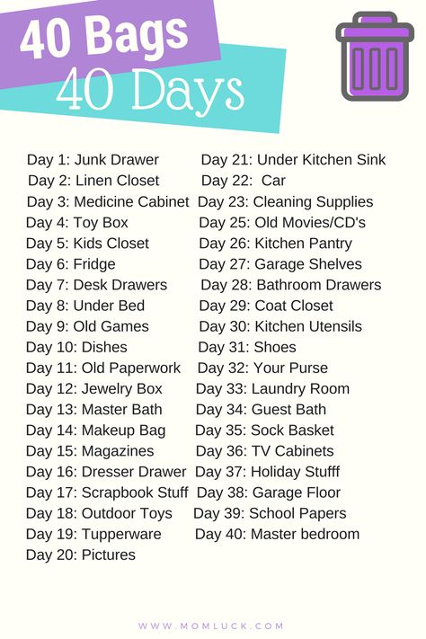 40 Bags in 40 Days Free Printable-Take The Challenge Cleaning And Organizing, Declutter Home, House Cleaning Checklist, Deep Cleaning Tips, Vie Motivation, Household Cleaning Tips, Declutter Your Home, Cleaning Checklist, Cleaning Schedule