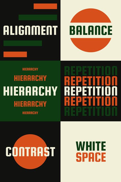 Series Of Posters Design, Balance Graphic Design Poster, Word Repetition Design, Educational Slides Design, Balance In Design Principles, Poster Design Principles, Canva Style Idea, Design Principles Poster, Principles Of Graphic Design