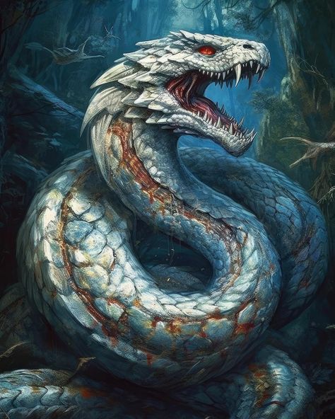 Fantasy Serpent Art, Giant Black Snake Fantasy Art, Snake Monster Fantasy Art, Sea Serpent Illustration, Giant White Snake Fantasy Art, Fantasy Snake Monsters, Ocean Fantasy Creatures, Snake Dragon Art, Snake Monster Art