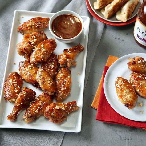 P.F. Chang’s® Home Menu Kung Pao sauce makes the perfect sticky-sweet and spicy glaze for baked chicken wings Pf Changs Kung Pao Chicken, Asian Chicken Noodle Soup, P F Chang, Pf Chang, Glazed Chicken Wings, Ready Set Eat, Chicken Sauce, Pf Changs, Chicken Skillet