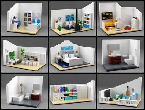 Family house interior | Interior of the family house. Computer rendering but buildable if you have the bricks. Lego Doll House, Lego House Ideas Furniture, Lego Furniture Ideas, Family House Interior, Lego Interior Design, Lego Kitchen, Big Family House, Lego Family, Table Lego