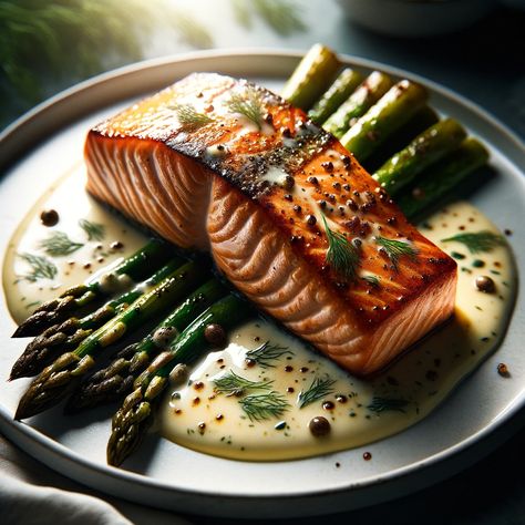 Savor the ocean's finest with our Pan-Seared Salmon, cooked to golden perfection. Complemented by earthy roasted asparagus and drizzled with a zesty lemon-dill sauce, this dish promises a symphony of flavors. Fresh, wholesome ingredients come together to offer a meal that's both nutritious and delectable. Perfect for seafood lovers and gourmet enthusiasts alike. Dive into this culinary delight that marries the best of land and sea Salmon Entrees Fine Dining, Fish Dishes Fine Dining, Salmon Fine Dining, Fancy Seafood Dishes, Salmon Presentation, Fish Fine Dining, Fancy Fish Dinner, Salmon Plating, Salmon Entrees