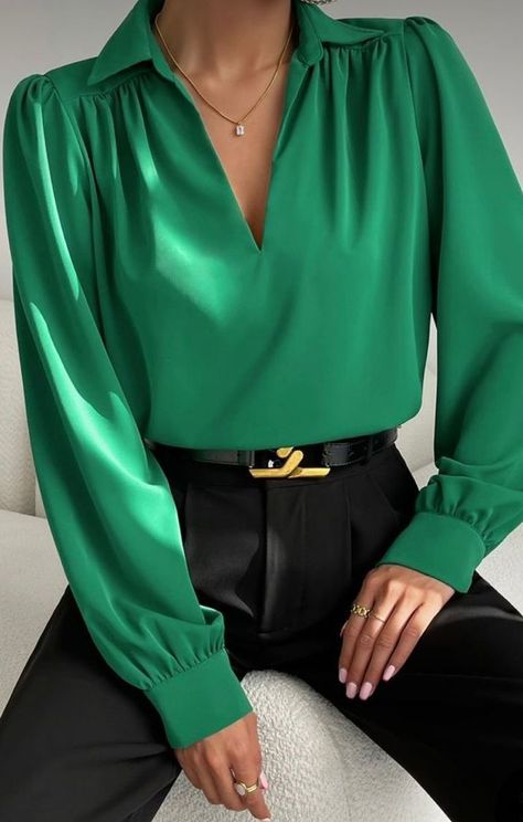 Zara Satin Shirt Women, Latest Ladies Shirt Design, Latest Shirts Design For Women, Chiffon Blouses Designs, Classy Blouses, Blouse Casual Fashion, Puff Sleeve Shirt, Women Blouses, Green Shirt