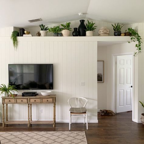 Budget Shiplap Wall — Hartley Home Indoor Ledge Decor, Ceiling Nook Decor Ideas, Living Room Ledge Decor Vaulted Ceilings Modern, Vaulted Ceiling Plant Shelf Decor, Planter Shelf Decor Ideas, Soffit Decorating Ideas, Vaulted Ceiling Ledge Decor, High Ledge Decorating Ideas Living Rooms, Living Room Ledge Decor Vaulted Ceilings