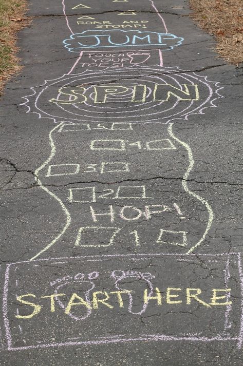 How to Host A ‘Chalk Your Walk’ Event In Your Neighborhood Sidewalk Chalk Games For Kids, Back To School Chalk The Walk, Last Day Of School Chalk Art, Chalk Hopscotch Ideas, Walk A Thon Ideas, Chalk Games Outside, Sidewalk Chalk Obstacle Course For Kids, Hopscotch Ideas Sidewalk Chalk, Interactive Sidewalk Chalk Art