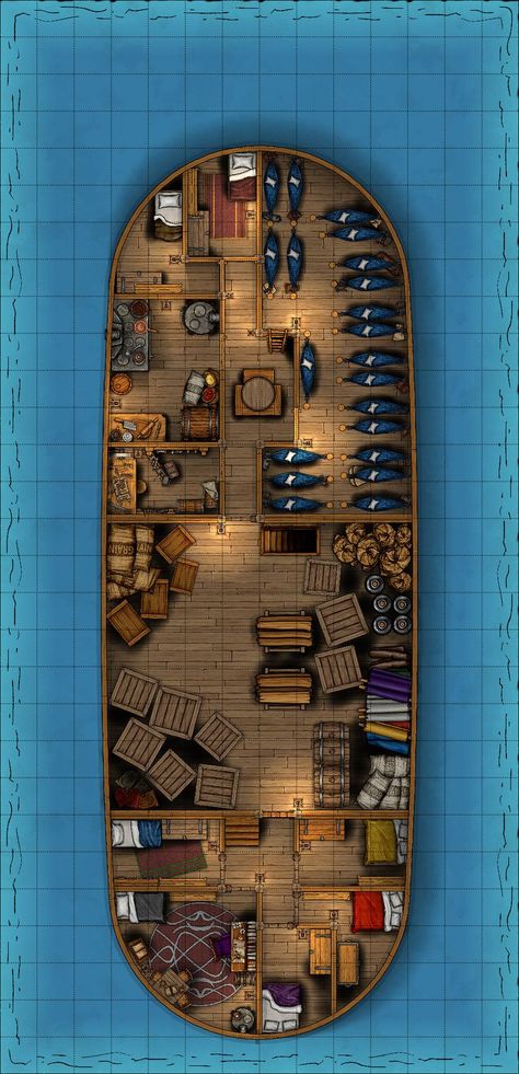 A Dungeondraft created battlemap of a Sloop Upperdeck for a pirate campaign. DnD, RPG Dnd Bard, Pirate Books, Pirate Boats, Ship Map, Dnd World Map, Iceland Adventures, Tabletop Rpg Maps, Pirate Adventure, Rpg Map