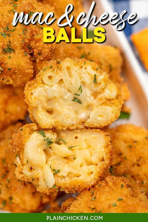 Food Macaroni And Cheese, Fried Mac And Cheese Balls, Mac And Cheese Balls, Fried Mac N Cheese Balls, Plain Chicken Recipe, Mac N Cheese Balls, Pork Bites, Fried Mac And Cheese, Mac And Cheese Bites