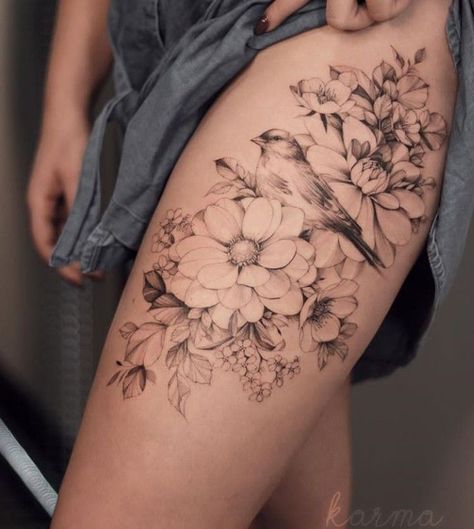 Floral With Bird Tattoo, Bird Thigh Tattoo, Finch Tattoo, Chickadee Tattoo, Feminine Thigh Tattoos, Bird And Flower Tattoo, Bird Tattoo Sleeves, Floral Back Tattoos, Shoulder Sleeve Tattoos