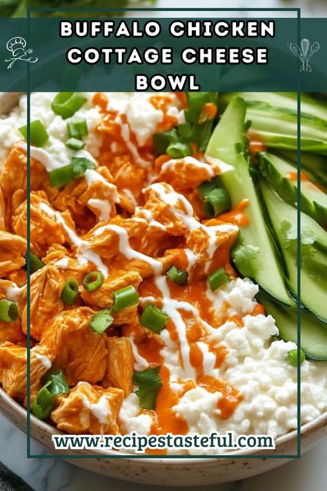 This Buffalo Chicken Cottage Cheese Bowl is perfect for those who love a spicy kick. The creamy cottage cheese balances the heat of the buffalo sauce, making this bowl a delicious and satisfying meal. Chicken Cottage Cheese, Chicken Bowls Healthy, Cottage Cheese Dinner, Cottage Cheese Bowls, Cottage Cheese Bowl, Cottage Cheese Breakfast Bowl, Chicken Cottage, Cottage Cheese Recipes Healthy, Cheese Bowl