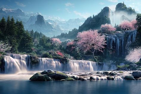 Beautiful Places Nature Wallpaper, Landscape Photos Nature Scenery, Scenery Horizontal, Mountain Background Landscape, Nature Horizontal, Fall Waterfall, Paradise Aesthetic, Waterfall Mountain, Water Colouring