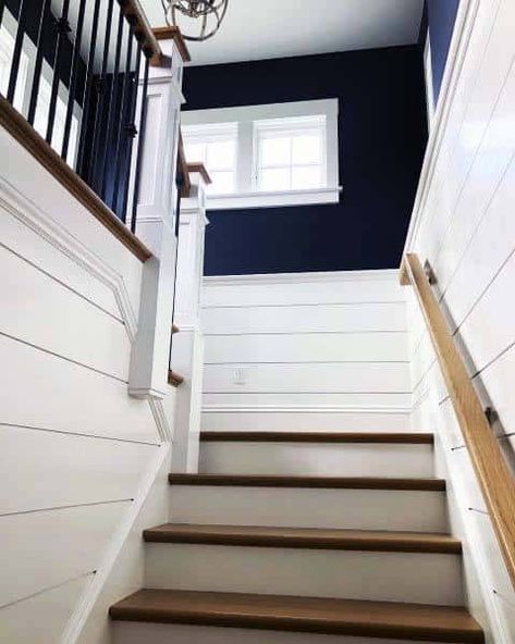 Shiplap On Staircase Wall, Shiplap On Stair Wall, Accent Staircase, Shiplap Staircase Wall, Shiplap Stairwell, Shiplap Staircase, Stairwell Wall Ideas, Shiplap Diy, Shiplap Ideas