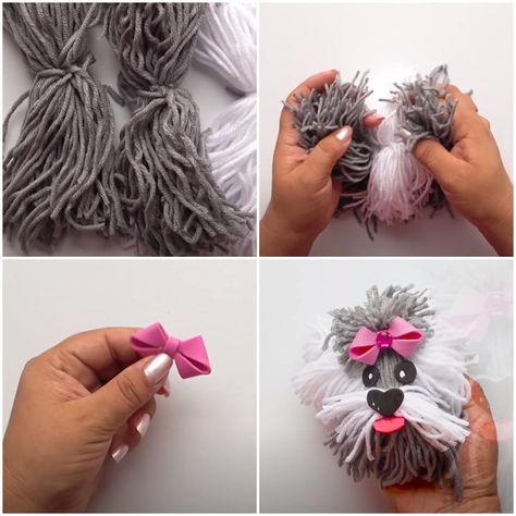 Yarn Dogs Diy, Yarn Puppies, Pom Pom Puppies, Wood Puzzles Patterns, Wool Crafts Diy, Pom Pom Animals, Easy Yarn Crafts, Pom Dog, Pom Crafts