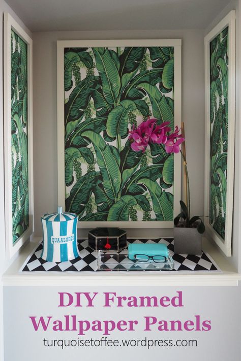 DIY Framed Wallpaper Panels…I am obsessed (OBSESSED!) with Dorothy Draper’s Brazilliance wallpaper. It’s so vibrant and colourful and tropical; such a bold statement and so iconic… Framed Wallpaper Headboard, Wallpaper Panel Headboard, Wallpaper Pictures Frame, Framed Wallpaper Accent Wall, How To Frame Wallpaper, Wallpaper Framed Art, Diy Wallpaper Panels, Wallpaper Frames On Wall, Large Framed Wallpaper