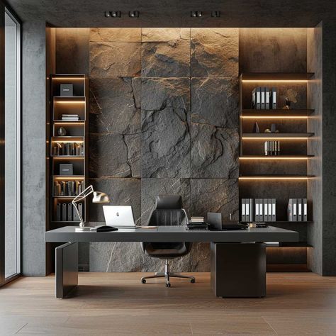 10+ Stylish Stone Accent Walls to Enhance Your Interior Design • 333+ Images • [ArtFacade] Interior Stacked Stone Accent Walls, Office Back Wall, Stone Accent Wall Ideas, Executive Office Design Interior, Stone Accent Wall, Executive Office Design, Dental Office Design Interiors, Accent Wall Ideas, Modern Home Offices