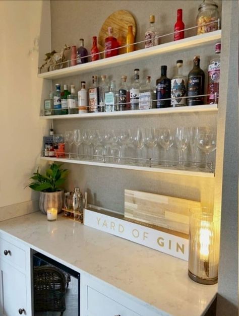 Shelfbar Floating Shelves cleverly used here to create fantastic gin bar Bar Cart Floating Shelves, Kitchen Alcohol Bar Ideas, Cocktail Bar In Kitchen, Cocktail Bar Kitchen, Home Gin Bar, Gin Shelf Ideas, Shelves For Alcohol, Alcohol Shelf Ideas, Conservatory Bar Ideas