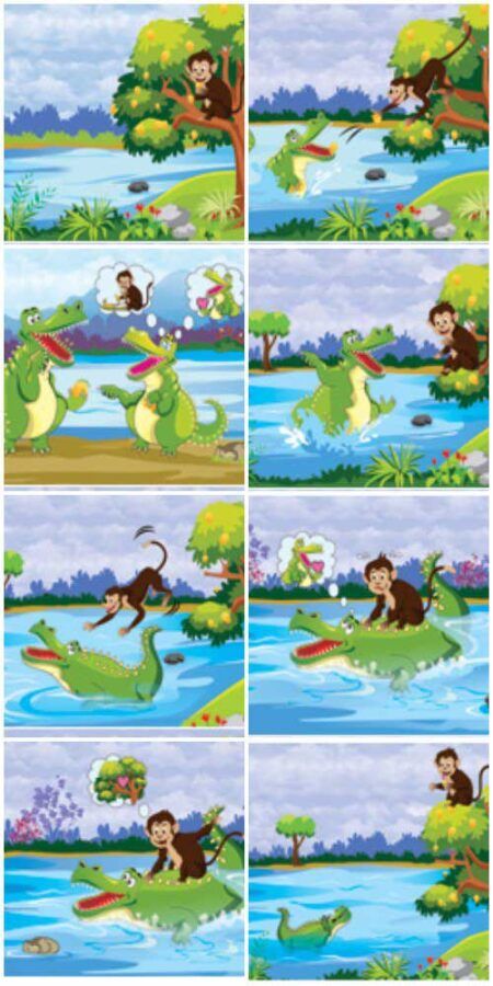 The Monkey and the Crocodile with pictues English Moral Stories With Pictures, Inspiring Short Stories, Story Sequencing Pictures, Picture Story Writing, Picture Story For Kids, Lion And The Mouse, Sequencing Pictures, Short Moral Stories, English Stories For Kids